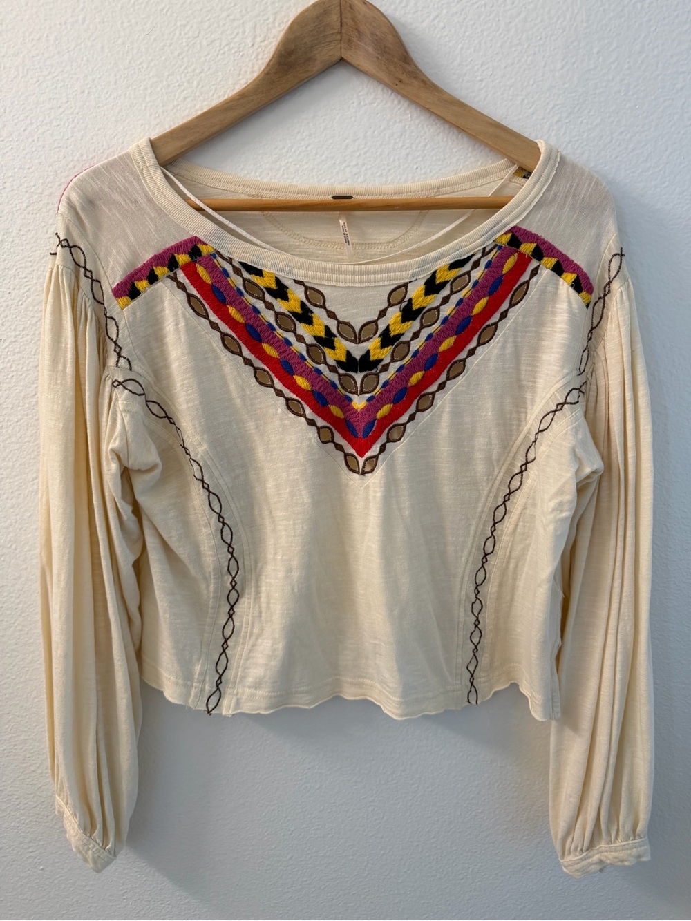 Free People Cream Cropped Long Sleeve with Western Embroidery Size XS